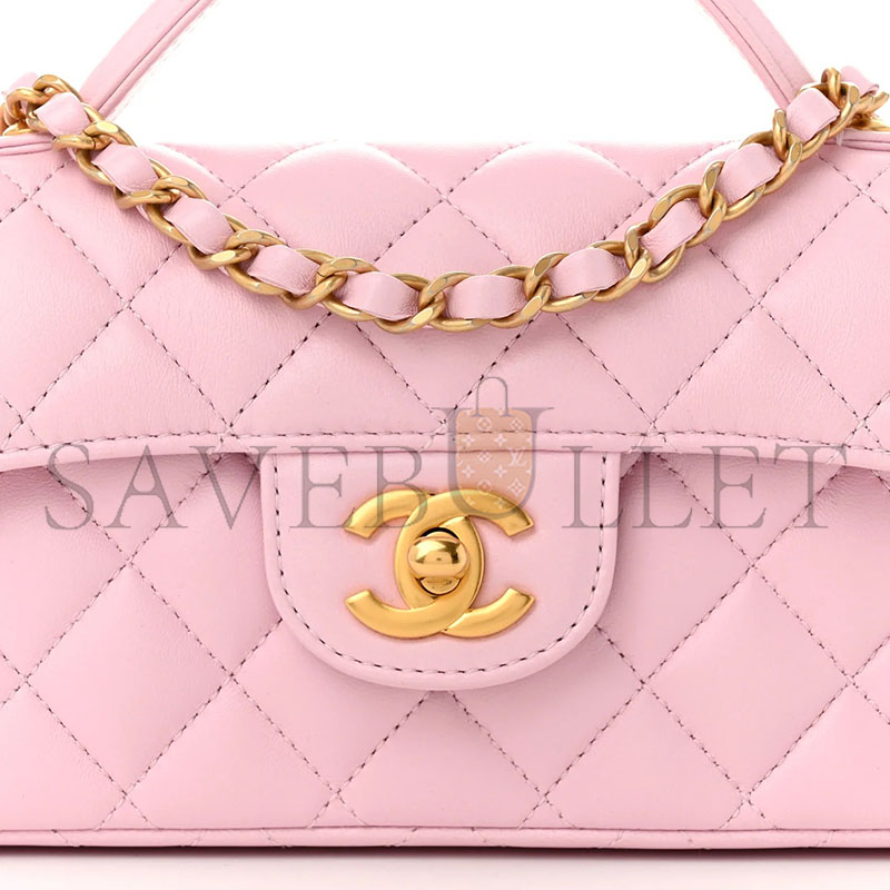 CHANEL LAMBSKIN QUILTED MINI FLAP TOP HANDLE BAG LIGHT PINK (20*14*5.6cm) 